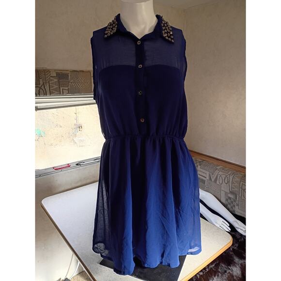 Forever 21 Studded Collar Sheer Navy Mini Dress Large Edgy Party Nightout Retro - Picture 1 of 12